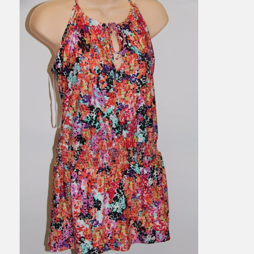 NWT Kenneth Cole Swimsuit Bikini Cover Up Dress Sz L Multi Neck Tie